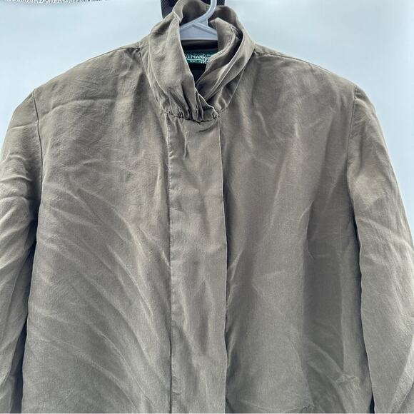 Gitman Bros 100% Silk Olive Green Mock Neck Button Down Shirt Size 4 - Picture 2 of 9